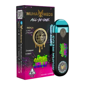 Garlic Jelly 1g hash rosin disposable vape by Muha Meds, premium hybrid cannabis extract for smooth, flavorful vaping experience.