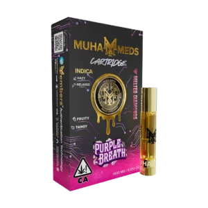 Purple Breath cannabis cartridge featuring a flavorful indica-dominant strain with sweet grape and earthy undertones.