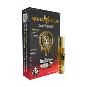 God Father OG cartridge featuring a potent indica strain with earthy pine and grape flavors, delivering strong body relaxation and long-lasting effects in a premium THC vape cart.
