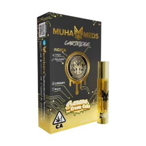 Banana Cream Cake cannabis cartridge featuring a smooth vanilla banana flavor with creamy cake undertones, premium THC vape cart for balanced hybrid effects