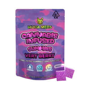 Muha Meds Very Berry gummies showcasing vibrant berry-flavored infused edibles with a soft chewy bite